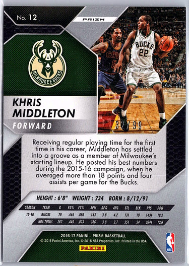 2016-17 Panini Prizm #12 Khris Middleton Blue Wave Prizms #/99