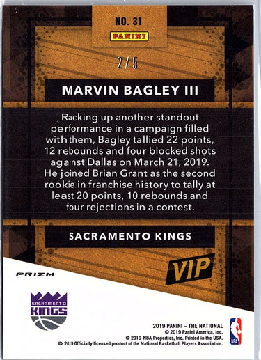2019 Panini VIP Gold Packs #31 Marvin Bagley III Green Prizm #/5