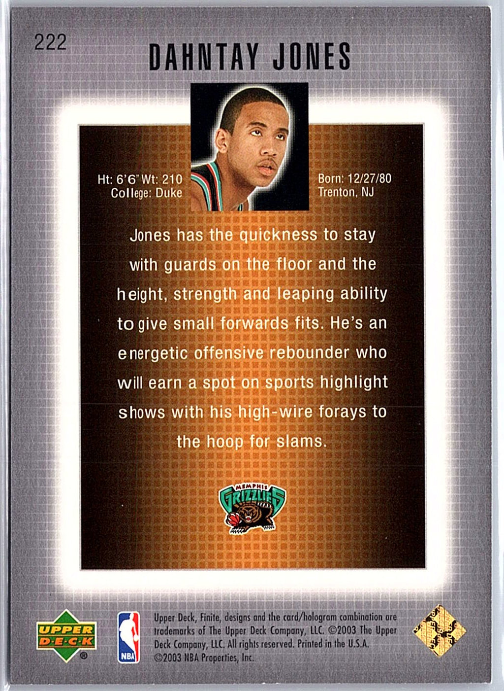 2003-04 Upper Deck Finite #222 Dahntay Jones Gold #/100