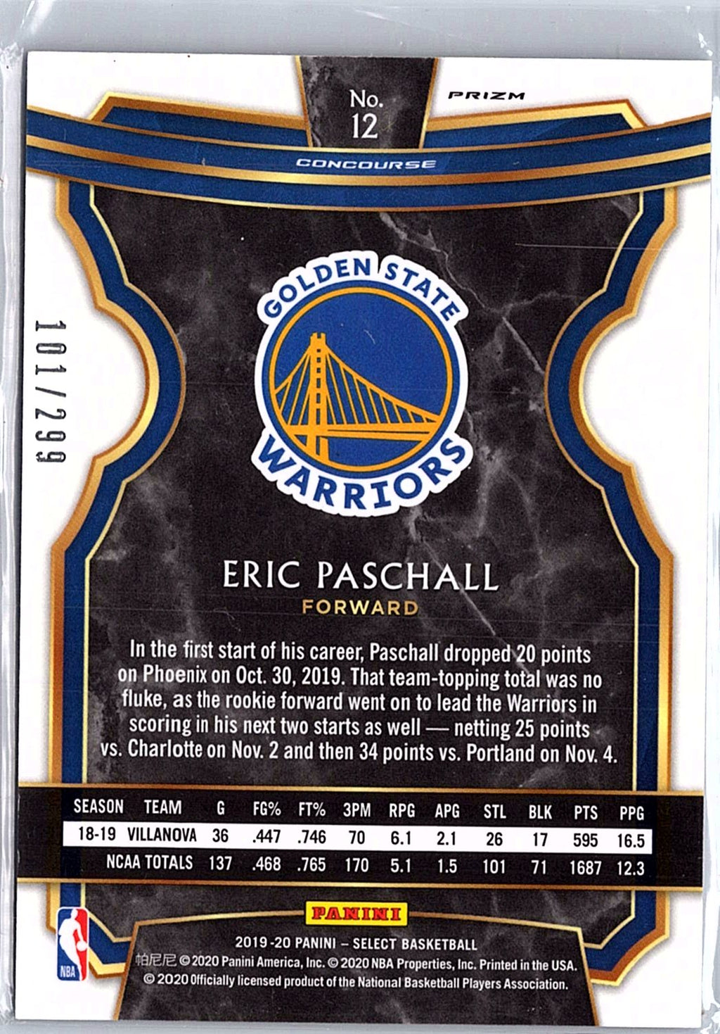 2019-20 Panini Select #12 Eric Paschall Light Blue Prizms #/299