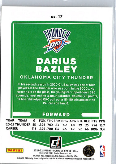 2021-22 Donruss #17 Darius Bazley Holo Yellow Laser #/25