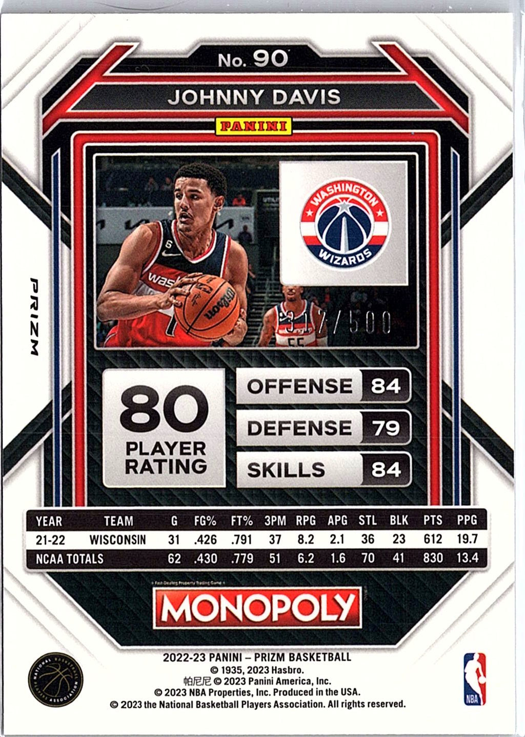 2022-23 Panini Prizm Monopoly #90 Johnny Davis Gold Money Shimmer #/500