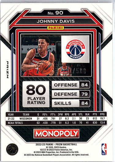 2022-23 Panini Prizm Monopoly #90 Johnny Davis Gold Money Shimmer #/500