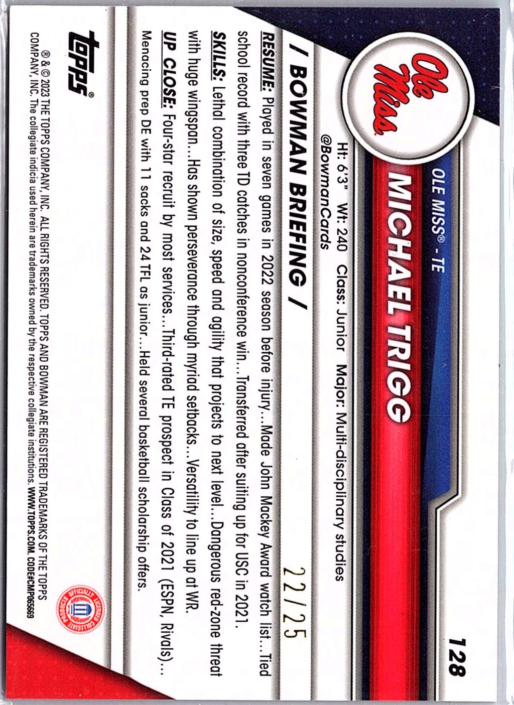 2023 Bowman University Chrome #128 Michael Trigg Orange Refractor #/25