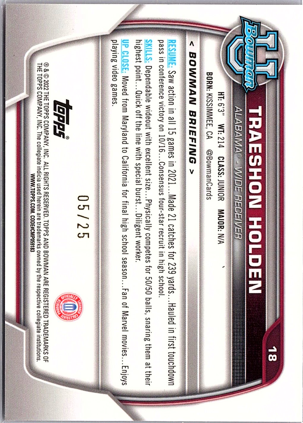 2022 Bowman University Chrome #18 Traeshon Holden Orange Shimmer Refractor #/25