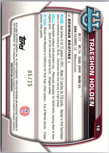 2022 Bowman University Chrome #18 Traeshon Holden Orange Shimmer Refractor #/25