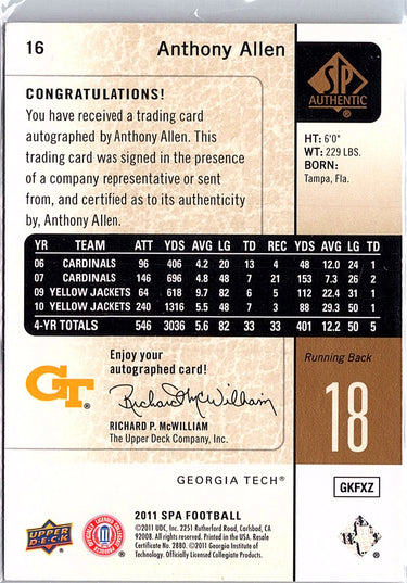 2011 SP Authentic #16 Anthony Allen Autographs