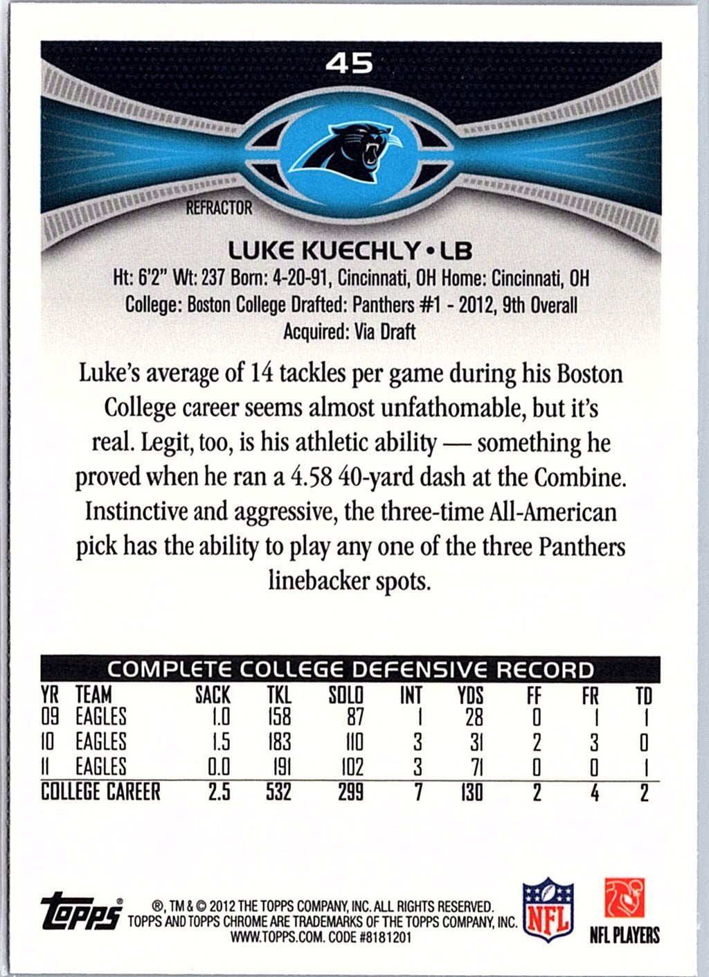 2012 Topps Chrome #45 Luke Kuechly Xfractors