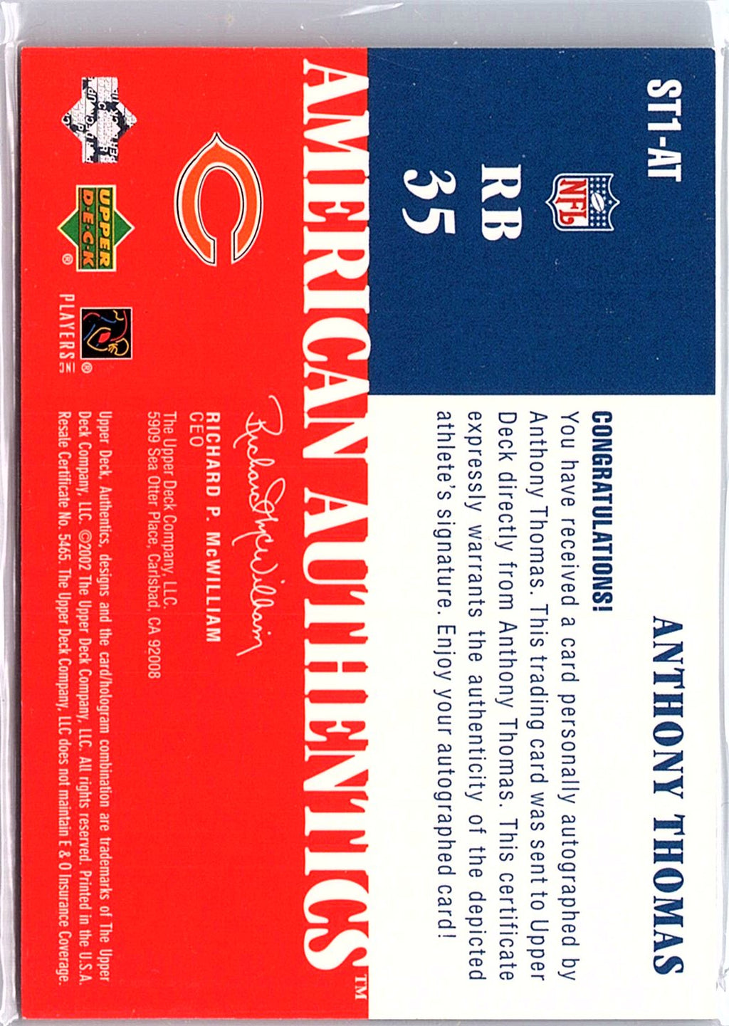 2002 UD Authentics #ST1-AT Anthony Thomas American Authentics Level 1