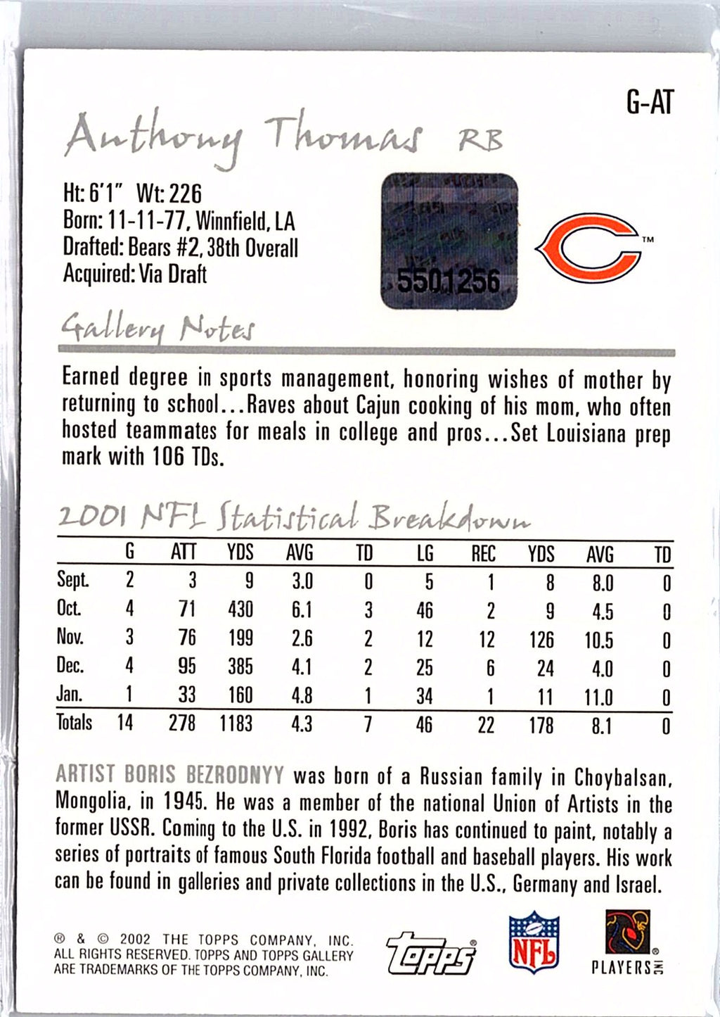 2002 Topps Gallery #G-AT Anthony Thomas Autographs