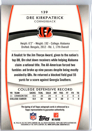 2012 Topps Platinum #139 Dre Kirkpatrick Rookie Autographs Red Refractors #/5