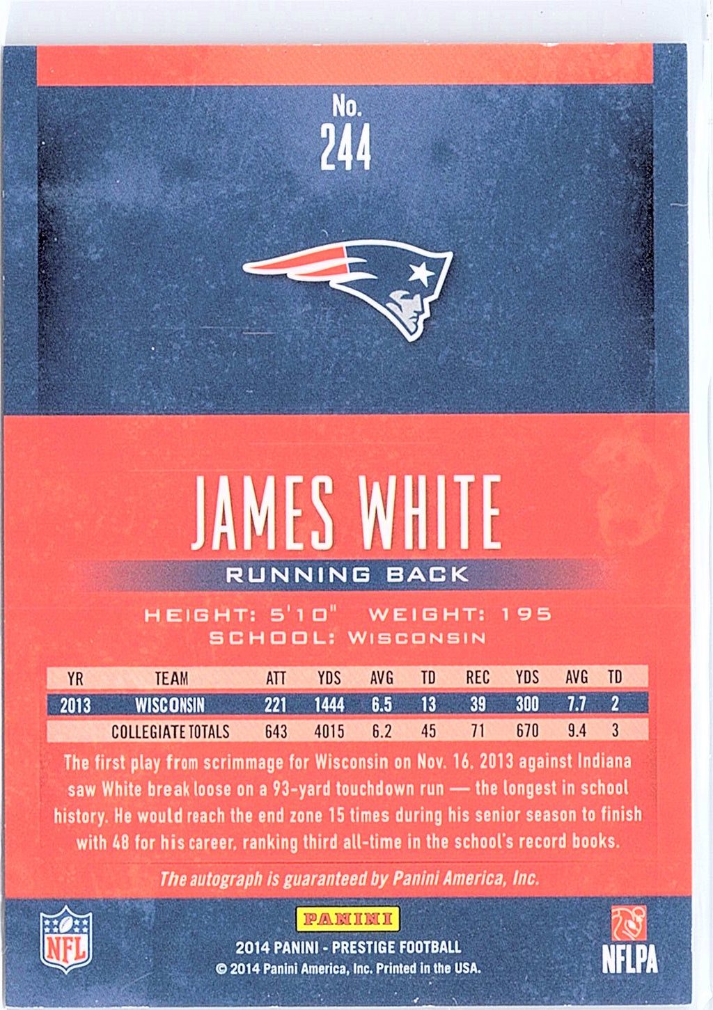 2014 Panini Prestige #244 James White Rookie Autographs