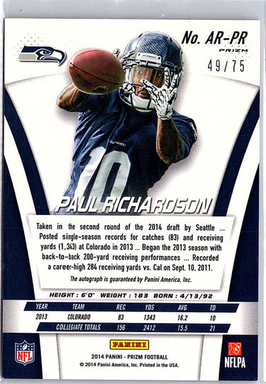 2014 Panini Prizm #AR-PR Paul Richardson Autographed Rookies Prizms Orange #/75