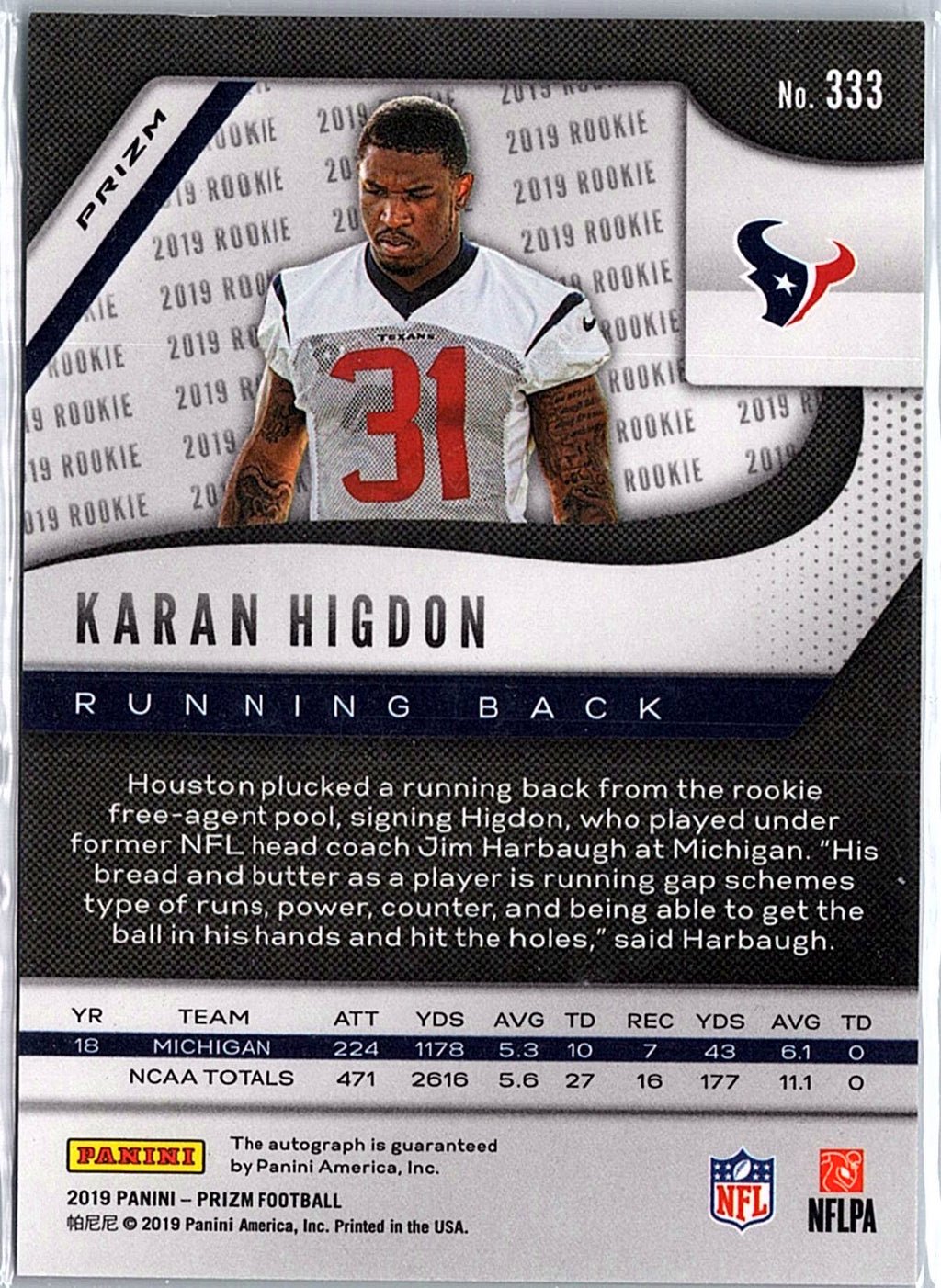 2019 Panini Prizm #333 Karan Higdon Green Auto