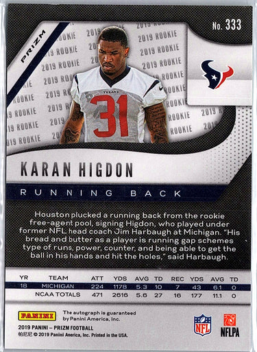 2019 Panini Prizm #333 Karan Higdon Green Auto