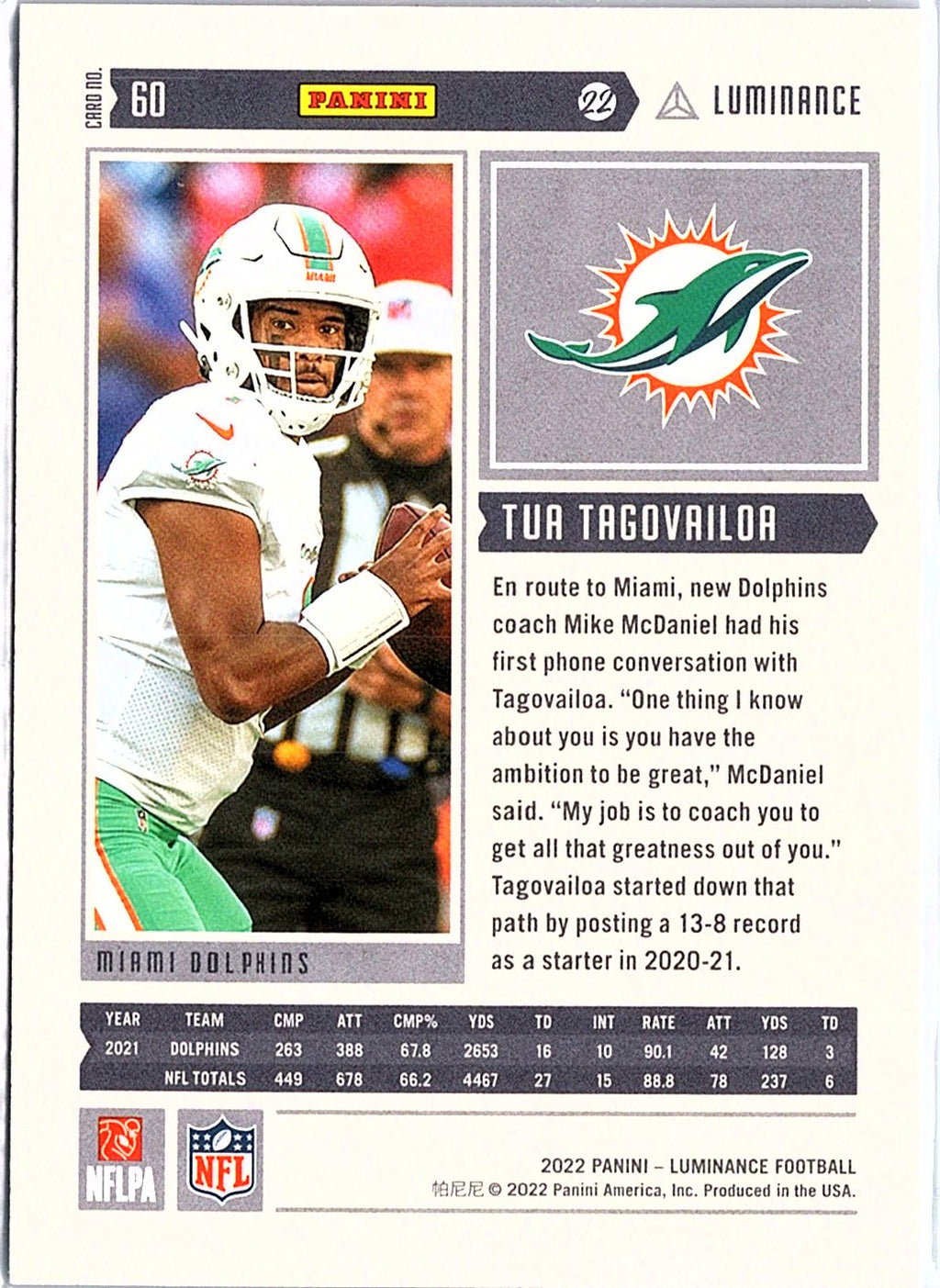2022 Panini Luminance #60 Tua Tagovailoa Teal #/35