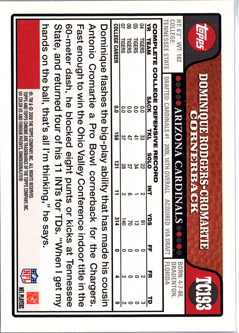 2008 Topps Chrome #TC193 Dominique Rodgers-Cromartie Rookie Autographs