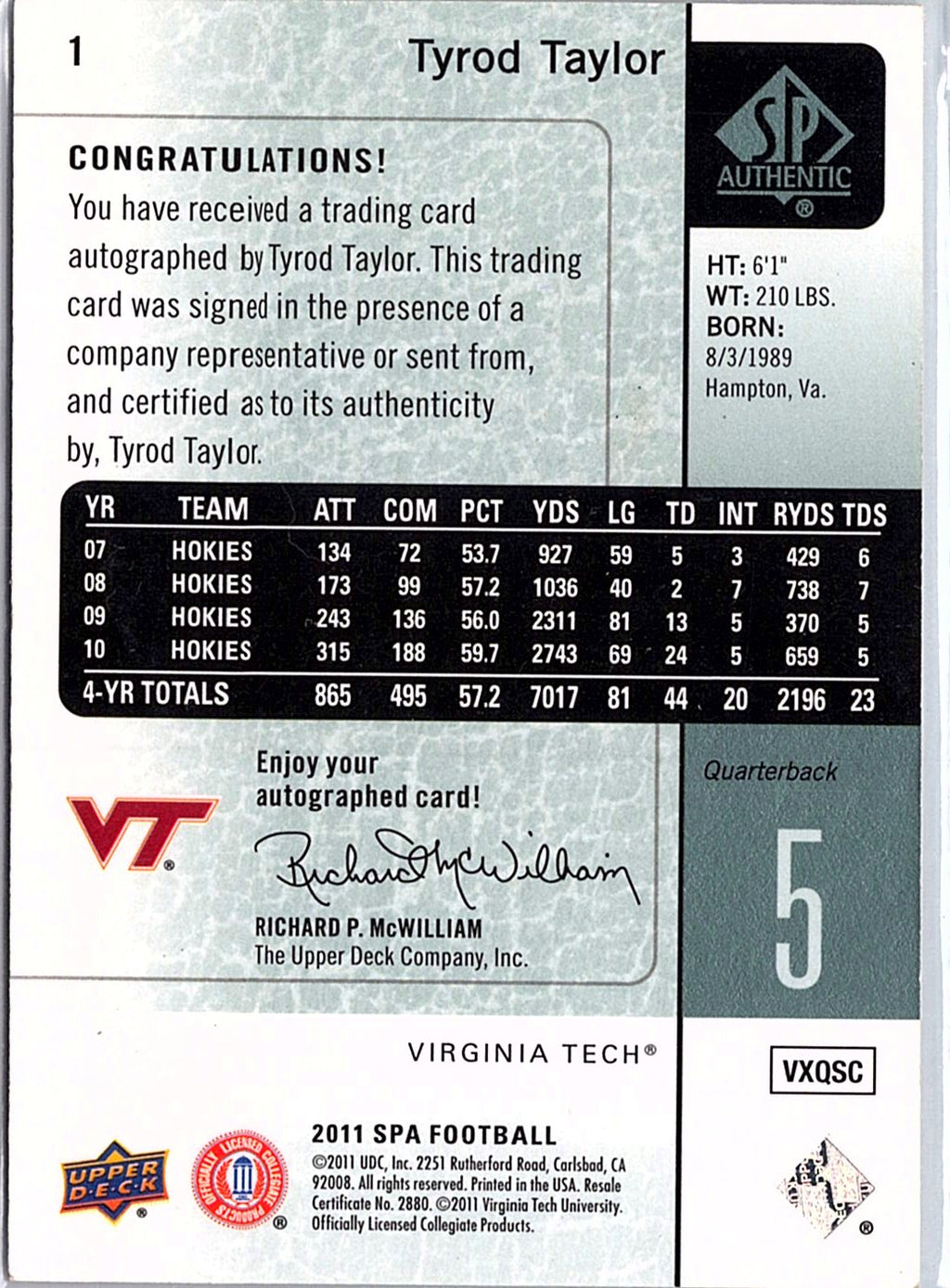 2011 SP Authentic #1 Tyrod Taylor Autographs