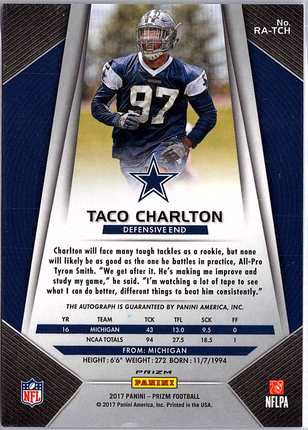 2017 Panini Prizm #RA-TCH Taco Charlton Rookie Autographs Prizm Pink