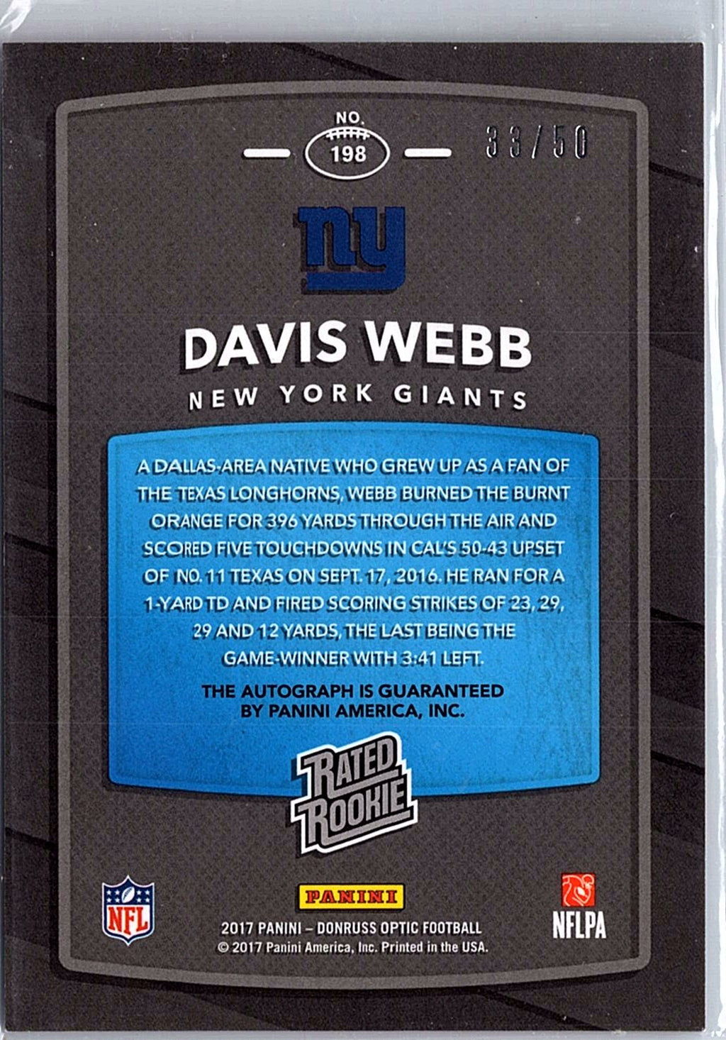 2017 Donruss Optic #198 Davis Webb Rated Rookies Autographs Red #/50