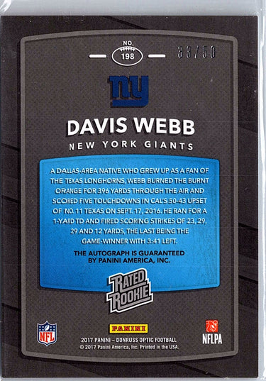 2017 Donruss Optic #198 Davis Webb Rated Rookies Autographs Red #/50