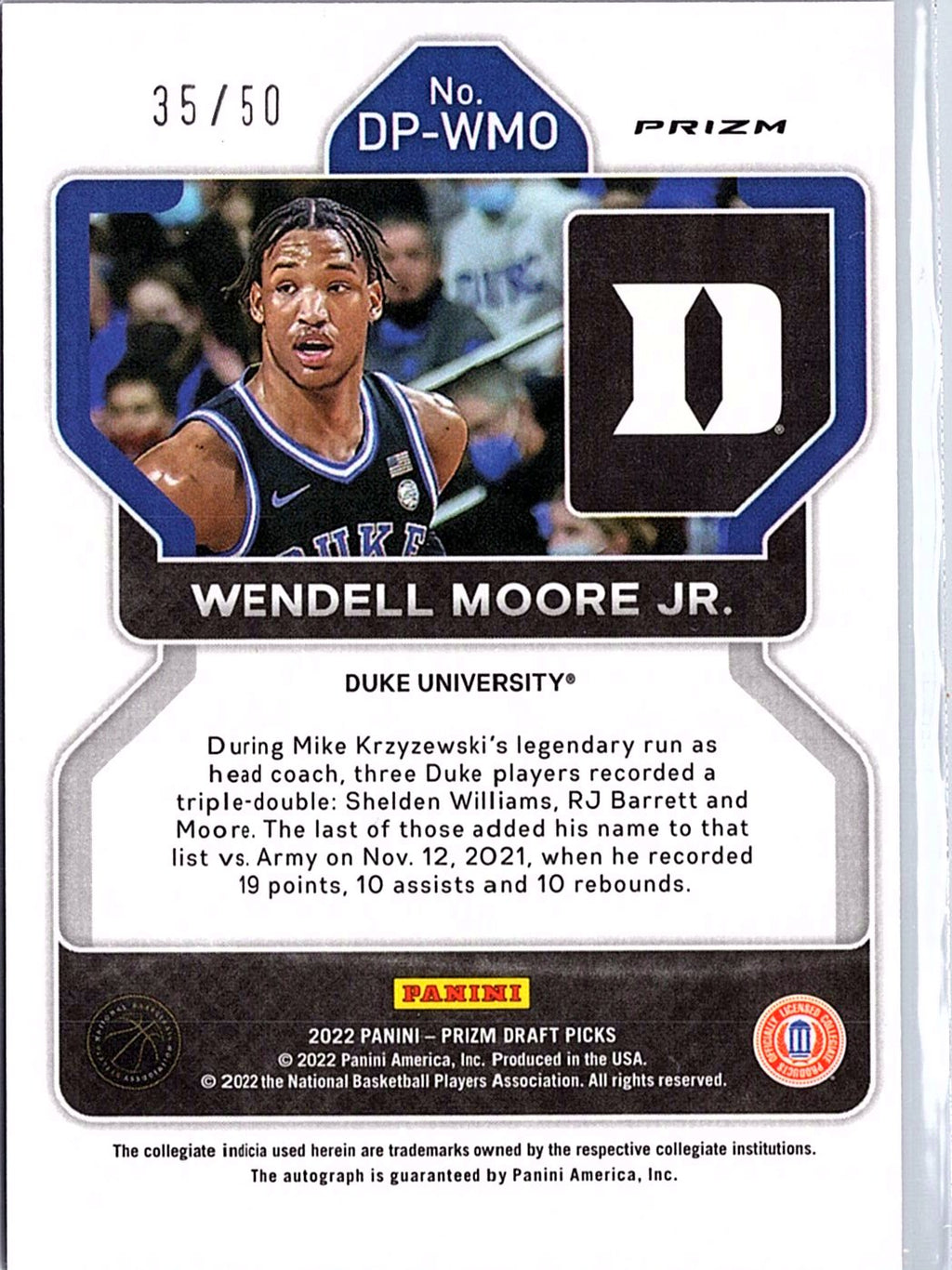 2022 Panini Prizm Draft Picks # Wendell Moore Jr. Auto Choice Purple /50