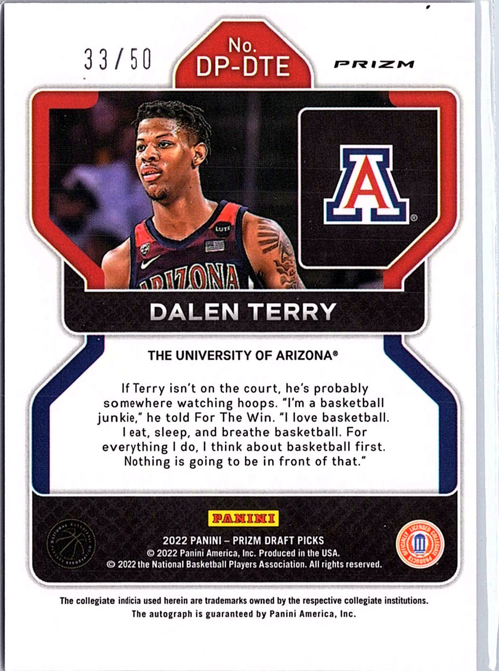 2022 Panini Prizm Draft Picks #DP-DTE Dalen Terry Auto PUrple /50