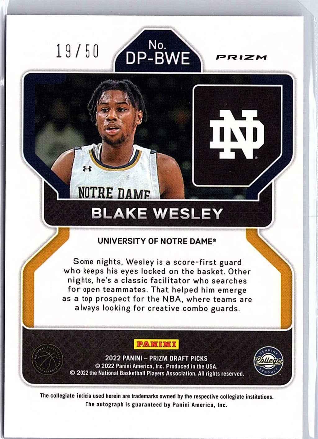 2022 Prizm Draft Picks #DP-BWE Blake Wesley Auto Purple Circles #/50