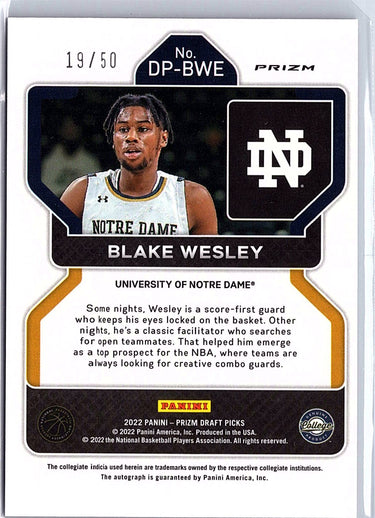 2022 Prizm Draft Picks #DP-BWE Blake Wesley Auto Purple Circles #/50