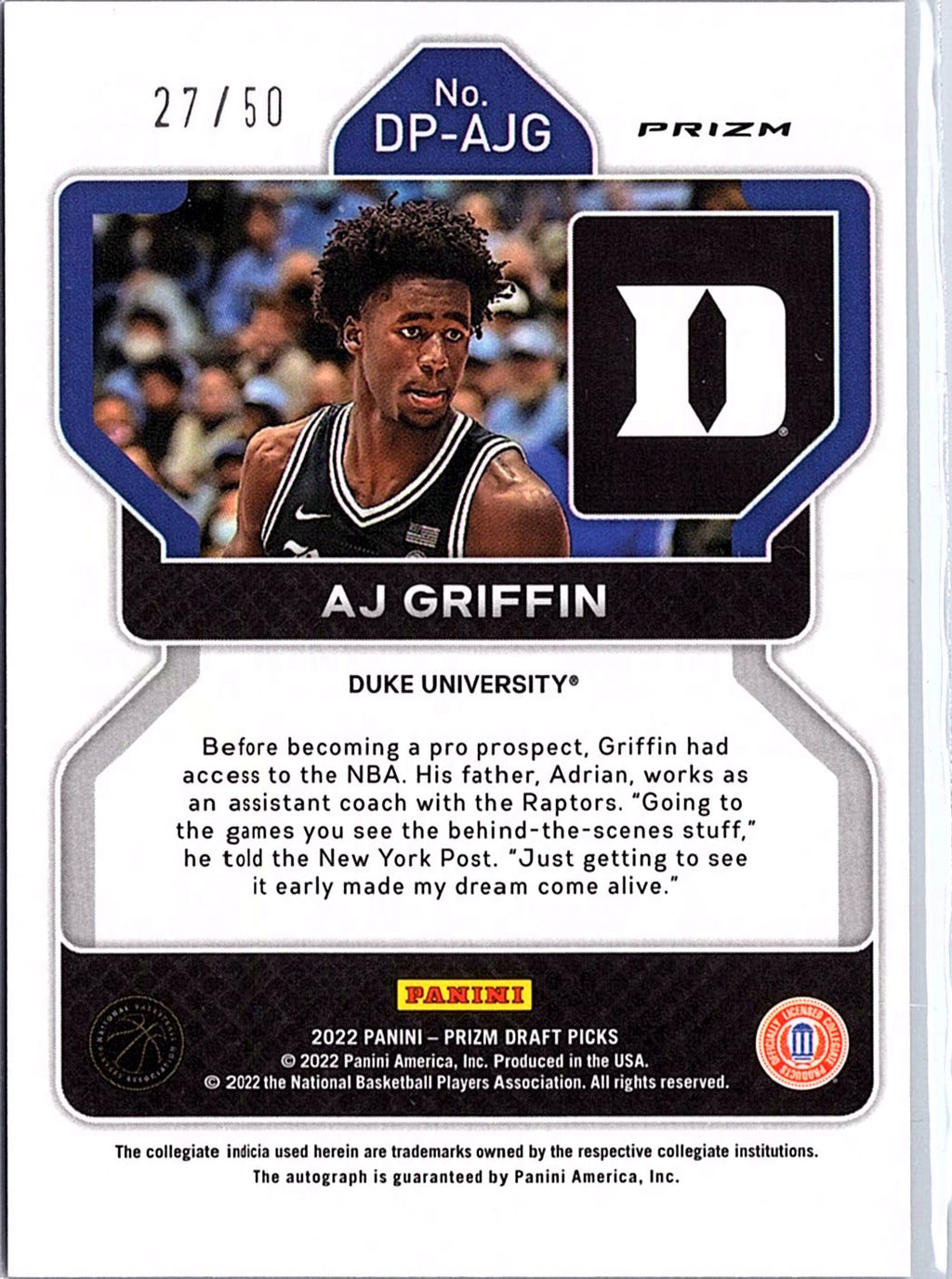 2022 Panini Draft Picks AJ Griffin Autographs Purple /50