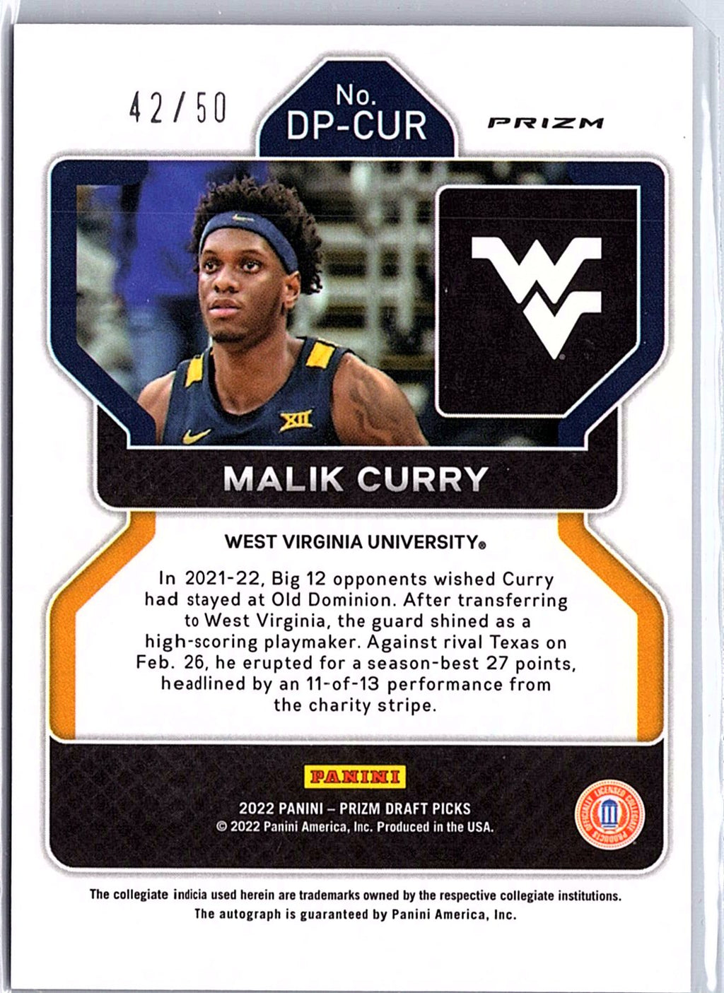 2022 Panini Prizm Draft Picks #DP-CUR Malik Curry Auto Prizms Purple /50