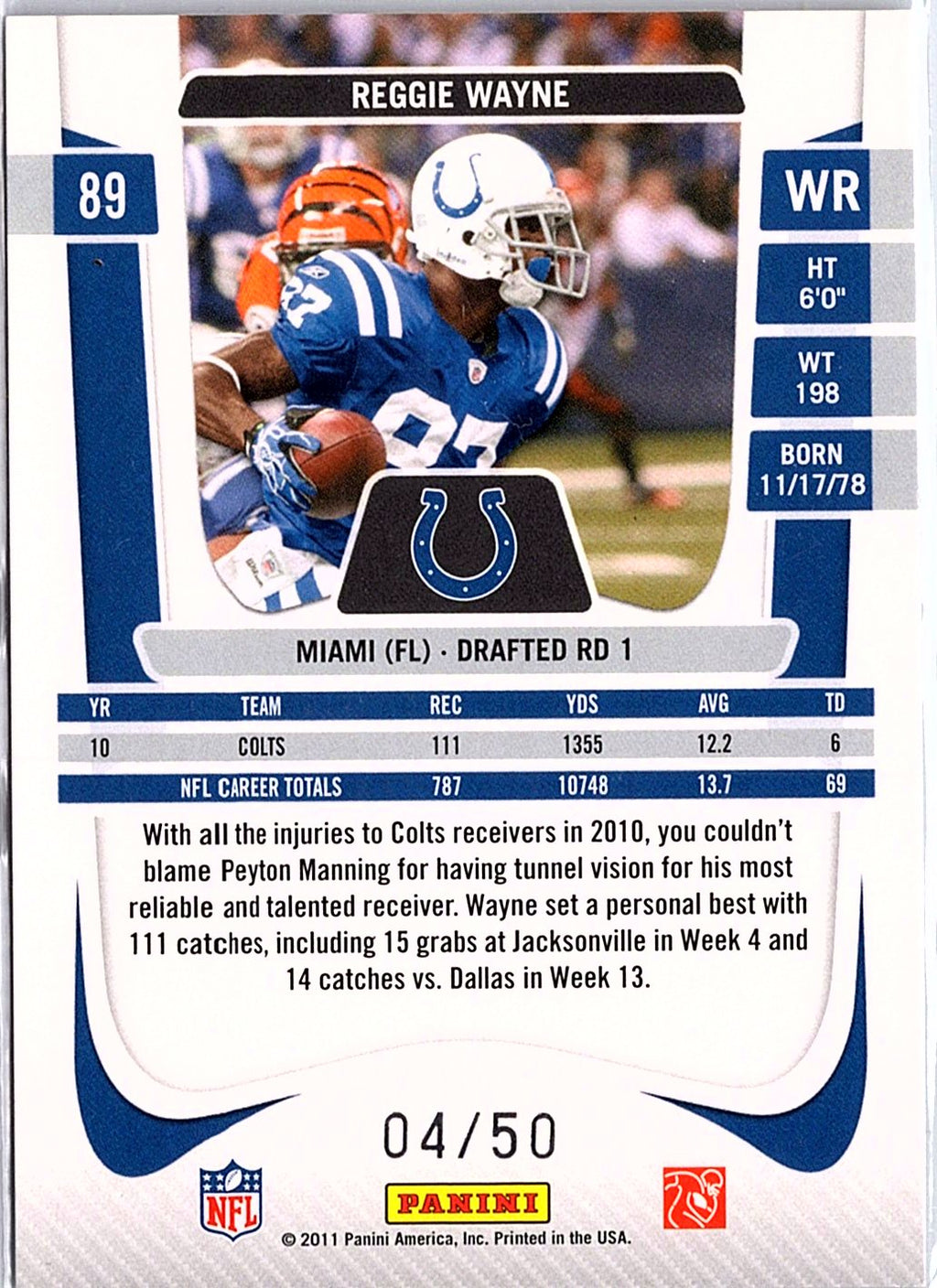 2011 Panini Prestige #89 Reggie Wayne Xtra Points Purple #/50