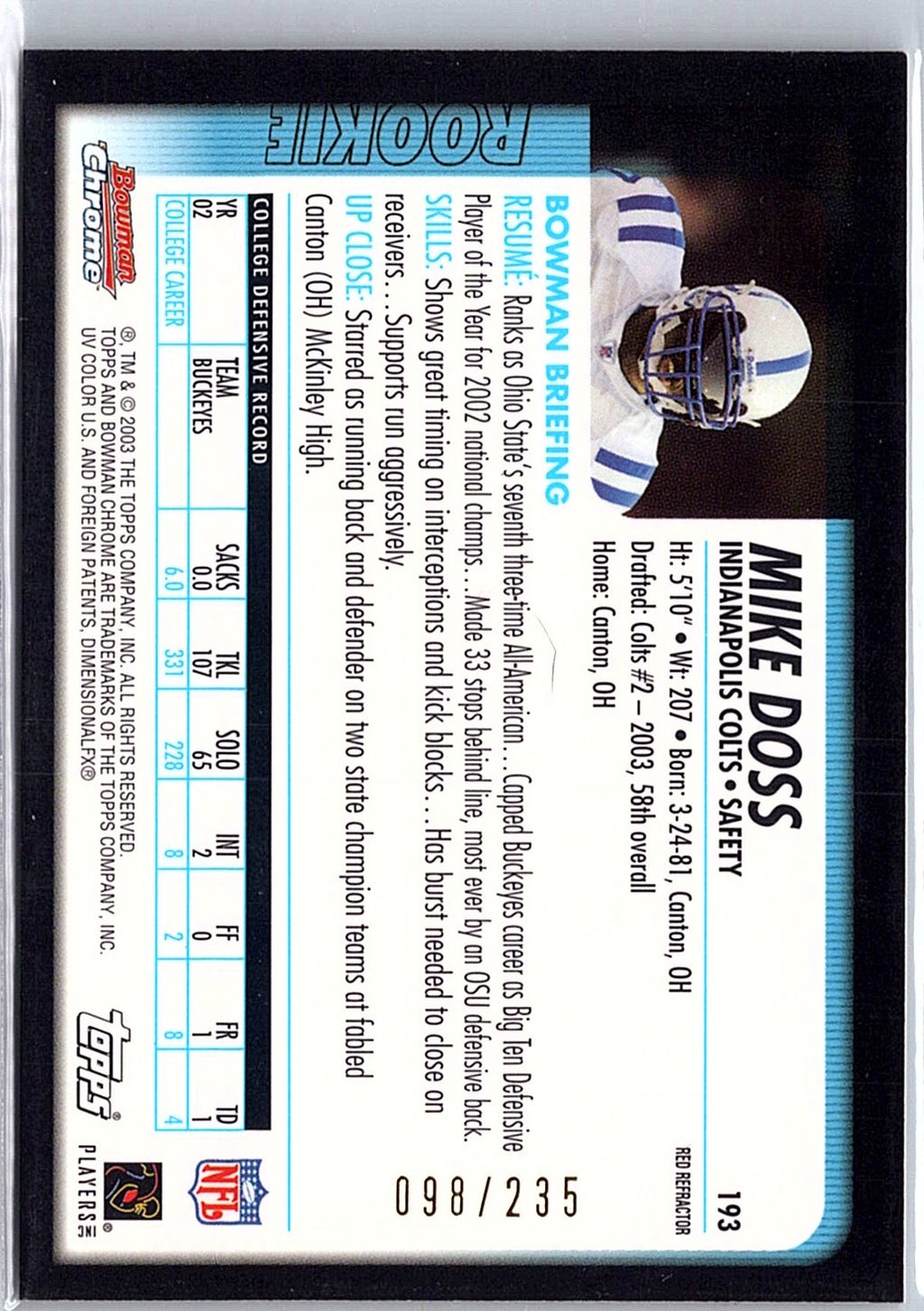 2003 Bowman Chrome #193 Mike Doss Red Refractors #/235