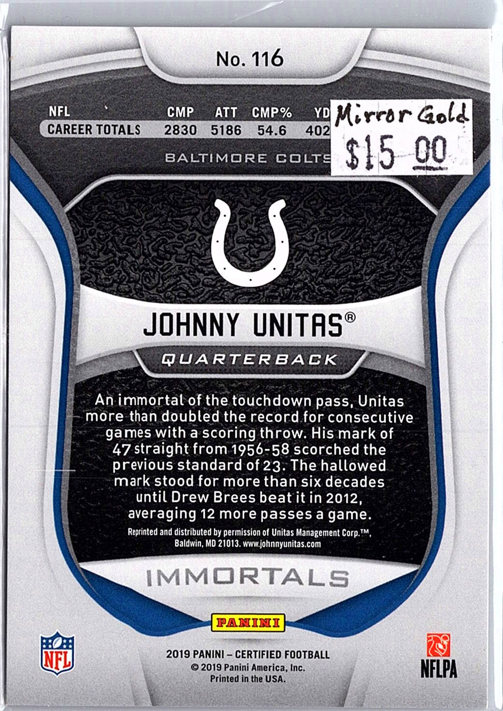 2019 Panini Certified #116 Johnny Unitas Mirror Gold #/25
