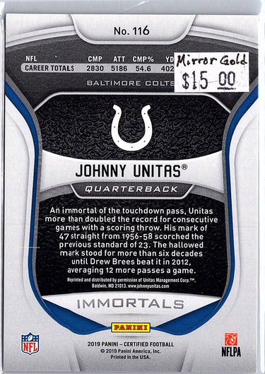 2019 Panini Certified #116 Johnny Unitas Mirror Gold #/25