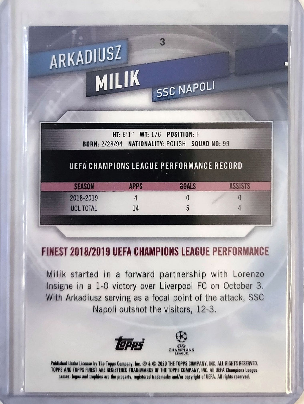2019-20 Topps Finest UEFA Champions League #3 Arkadiusz Milik Gold #/50