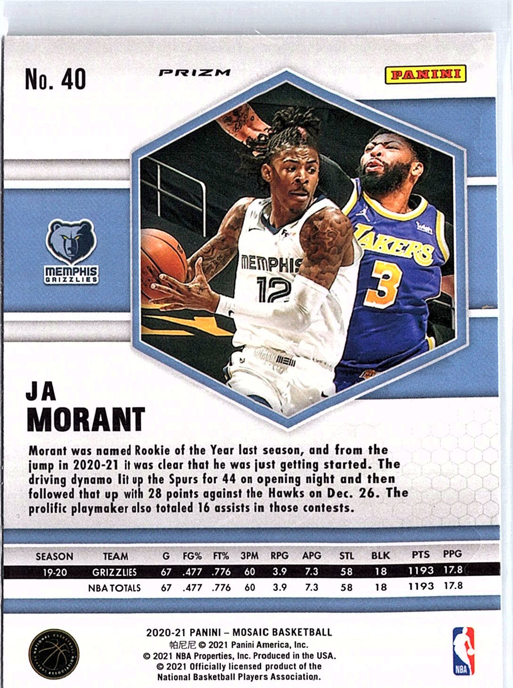 2020-21 Panini Mosaic #40 Ja Morant Mosaic Green