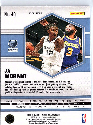 2020-21 Panini Mosaic #40 Ja Morant Mosaic Green
