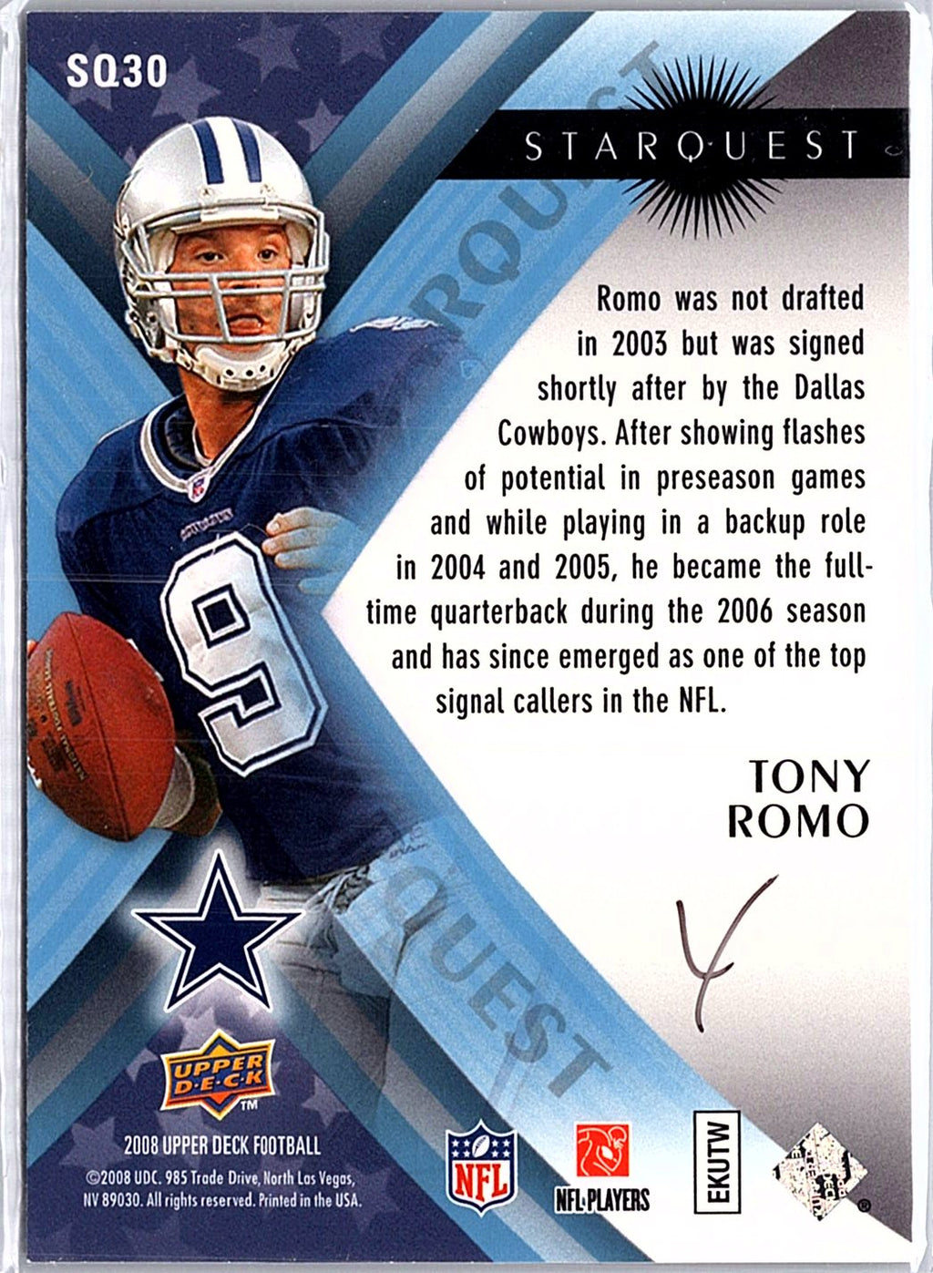 2008 Upper Deck #SQ30 Tony Romo StarQuest Rainbow Blue