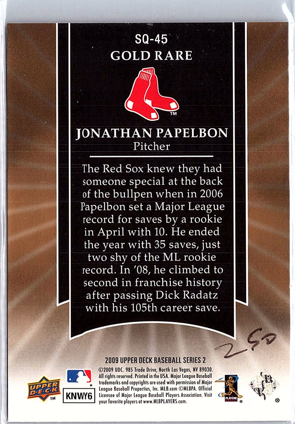 2009 Upper Deck #SQ-45 Jonathan Papelbon StarQuest Gold Rare