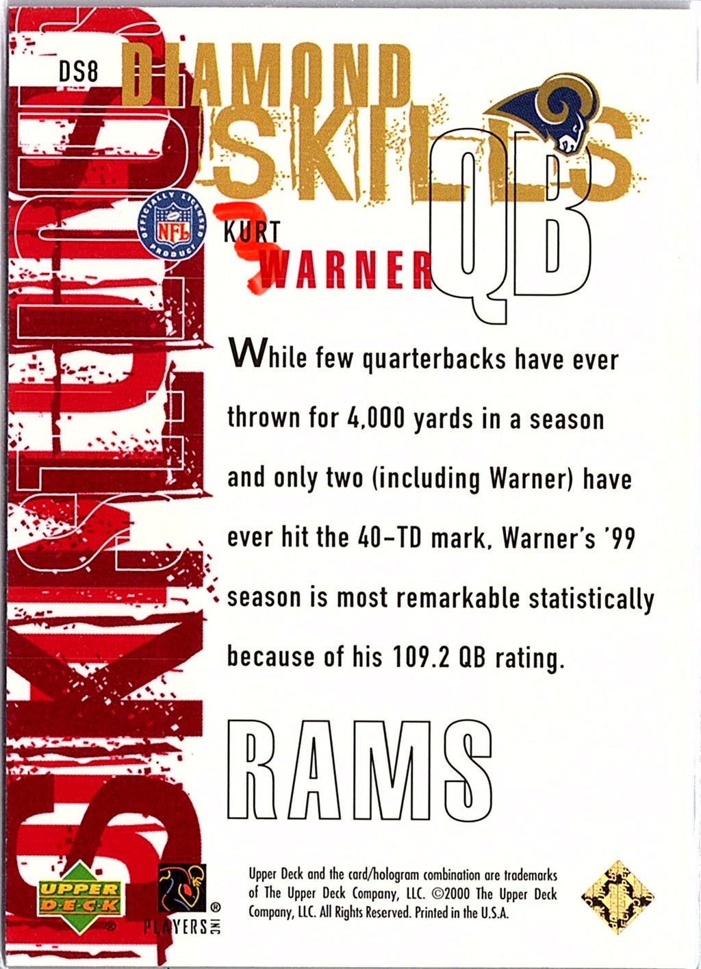 2000 Upper Deck Black Diamond #DS8 Kurt Warner Diamond Skills