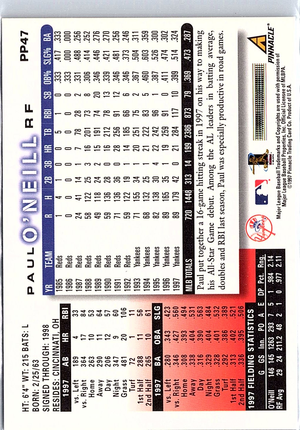 1998 Score #PP47 Paul O'Neill Showcase Series Artist's Proofs