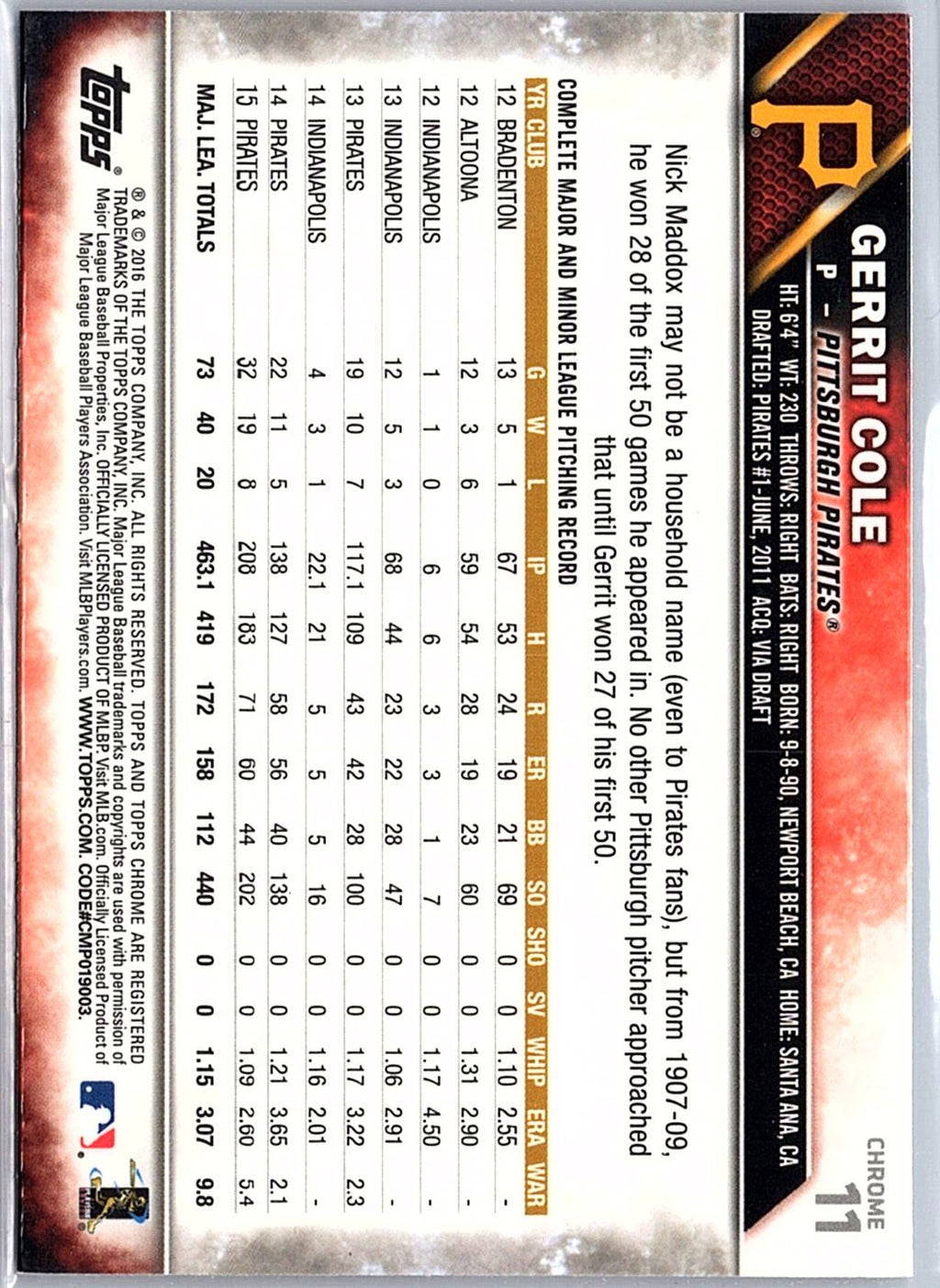 2016 Topps Chrome #11 Gerrit Cole Sepia Refractor