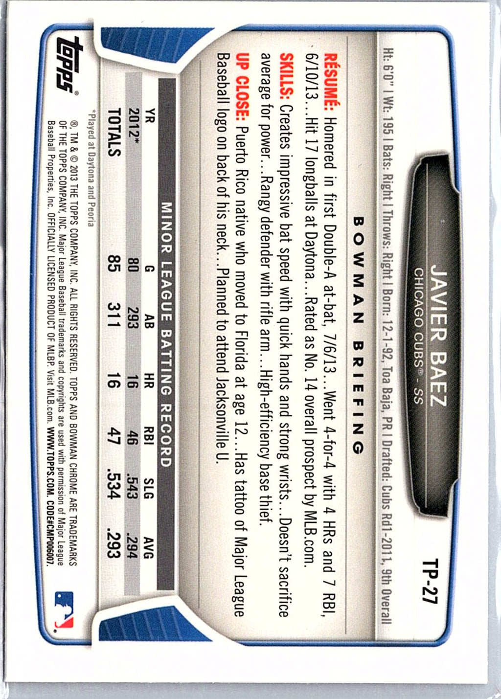 2013 Bowman Draft Picks & Prospects #TP-27 Javier Baez Chrome Top Prospects