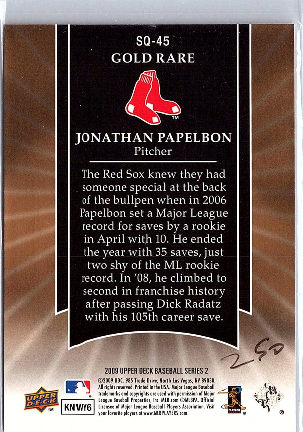 2009 Upper Deck #SQ-45 Jonathan Papelbon StarQuest Gold Rare
