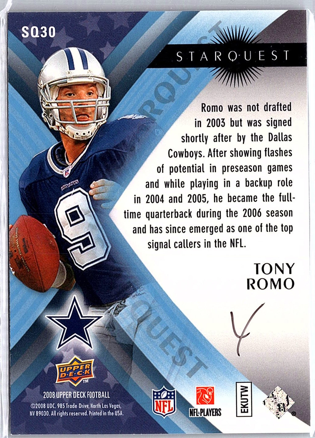 2008 Upper Deck #SQ30 Tony Romo StarQuest Rainbow Blue
