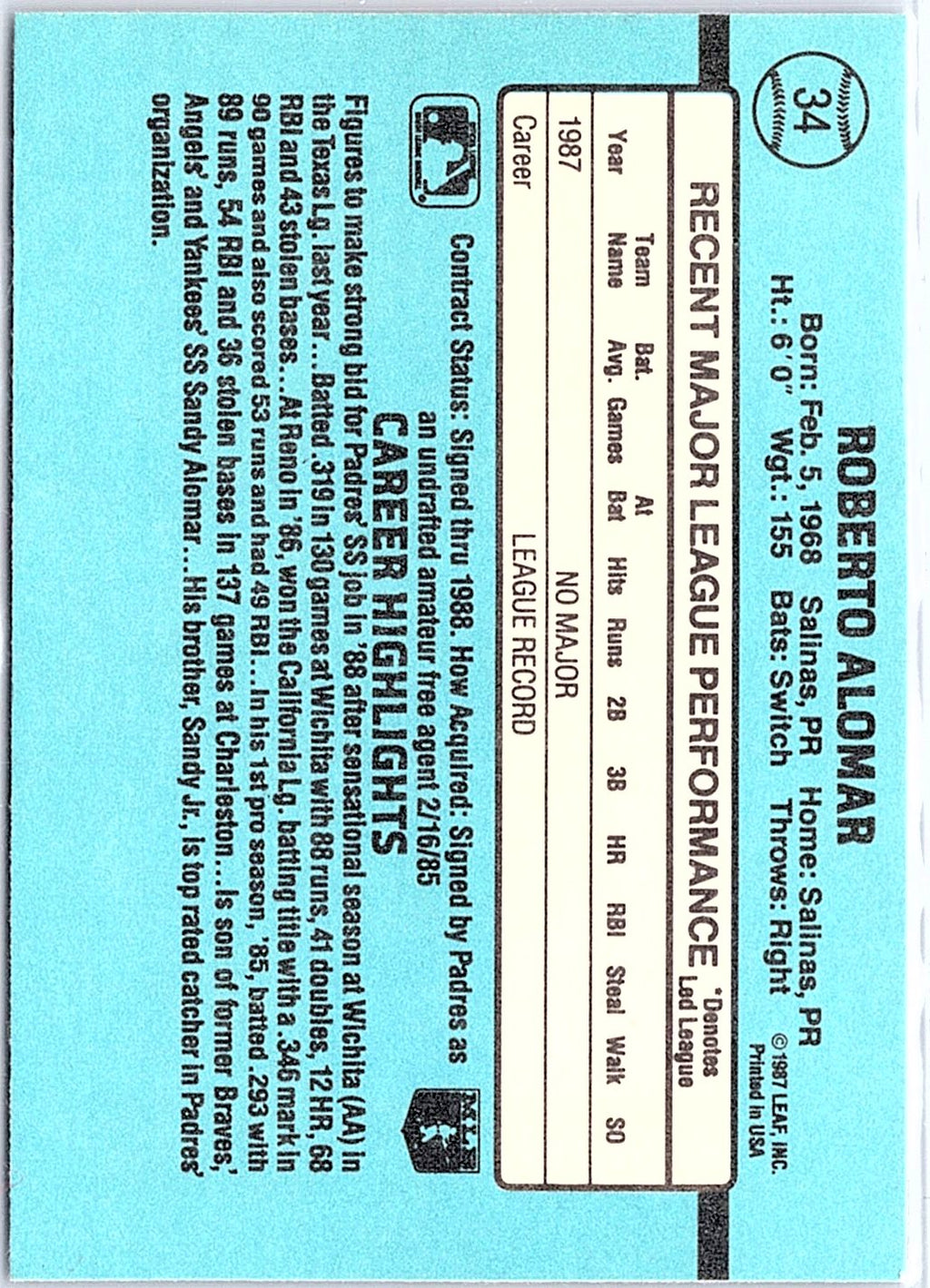 1988 Donruss #34c Roberto Alomar