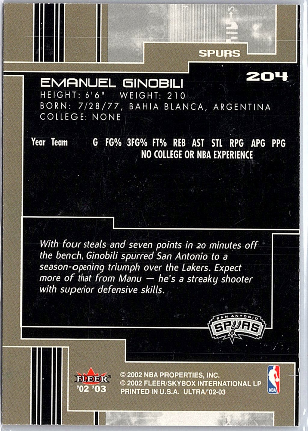 2002-03 Ultra #204 Manu Ginobili