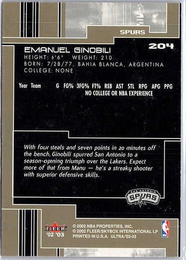 2002-03 Ultra #204 Manu Ginobili