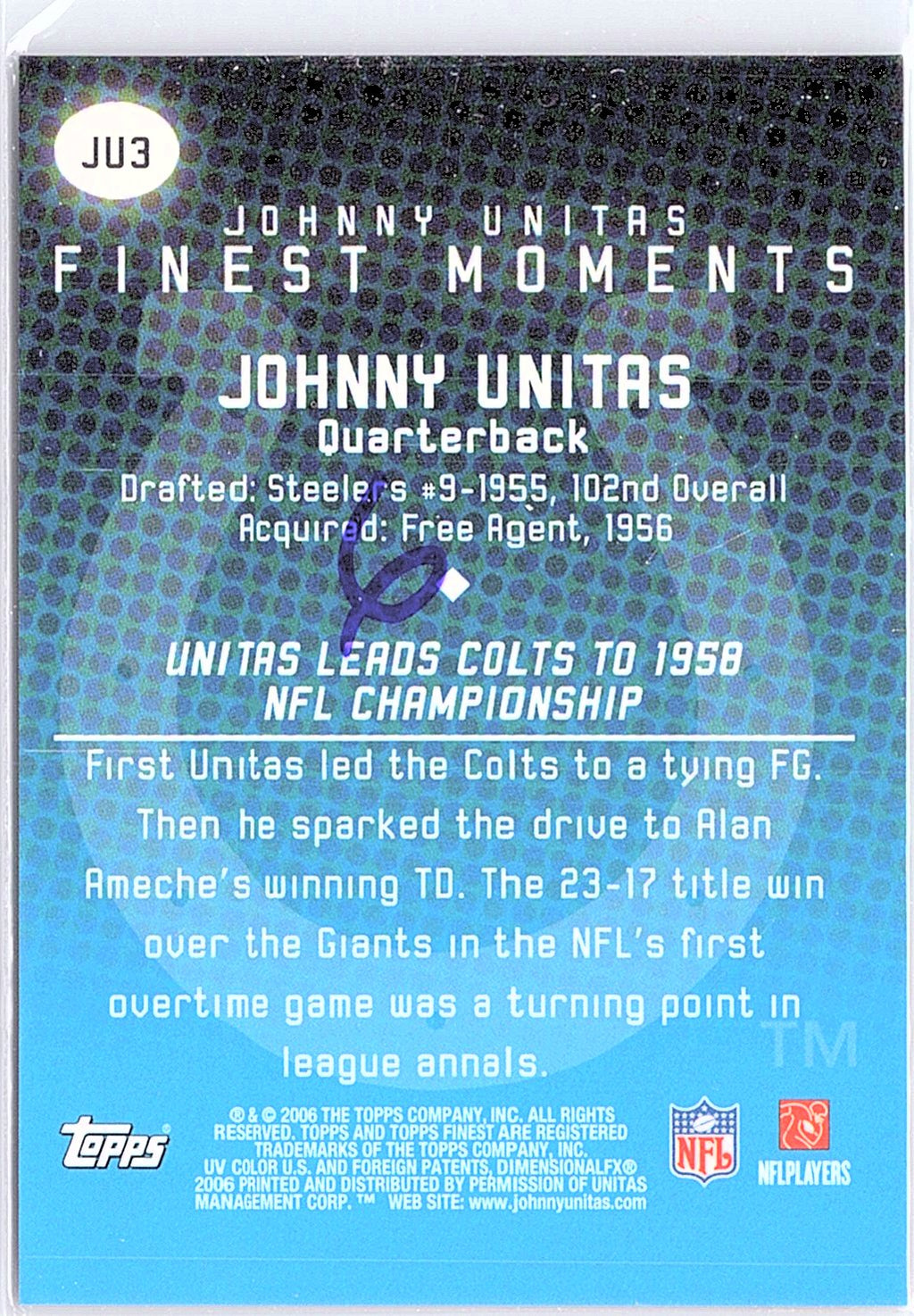 2006 Finest #JU9 Johnny Unitas Johnny Unitas Finest - Moments